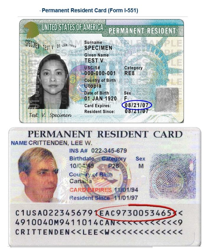 Образец United States Permanent Resident Card